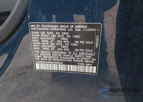 2021 Volkswagen Atlas Cross Sport 3.6L V6 Se W/Technology из США, поврежденный, VIN 1V2KE2CA4MC206936